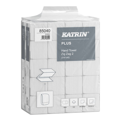 Katrin Plus Falthandtücher, 100 % Zellstoff, V-Falz, 2-lagig, 224 x 230 mm, Handy-Pack, 85040 | Antalis CH
