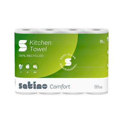 Satino comfort, Küchenrollen, 100 % Recycling, 3-lagig, 260 x 220 mm, 64 Coupons, Paket zu 4 Rollen, 177110