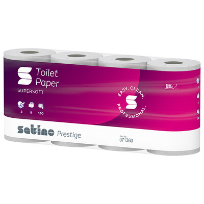 Toilettenpapier Satino prestige, 100 % Zellstoff, 3-lagig, 94 x 120 mm, 8 x 150 Coupons, 071360