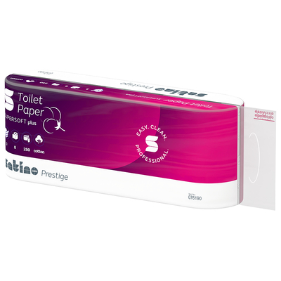 Toilettenpapier Satino prestige Supersoft Plus, 100 % Zellstoff, 3-lagig, 94 x 110 mm, 8 x 250 Coupons, 076190