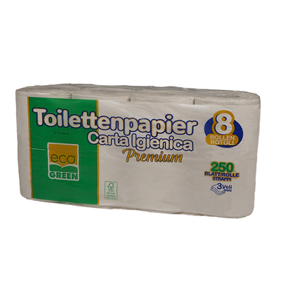 Toilettenpapier, 100 % Recycling, 3-lagig, 93 x 110 mm, 250 Blatt, Paket zu 8 Rollen | Antalis CH