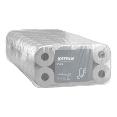 Papier hygiénique Katrin Plus, 100 % cellulose, trois couches, 95 x 110 mm, sac de 9 x 8 rouleaux, 11711 | Antalis CH